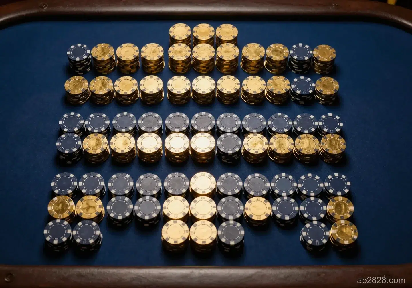 深藍色桌布上整齊排列的金色與深藍色籌碼堆,背景是暖金色燈光