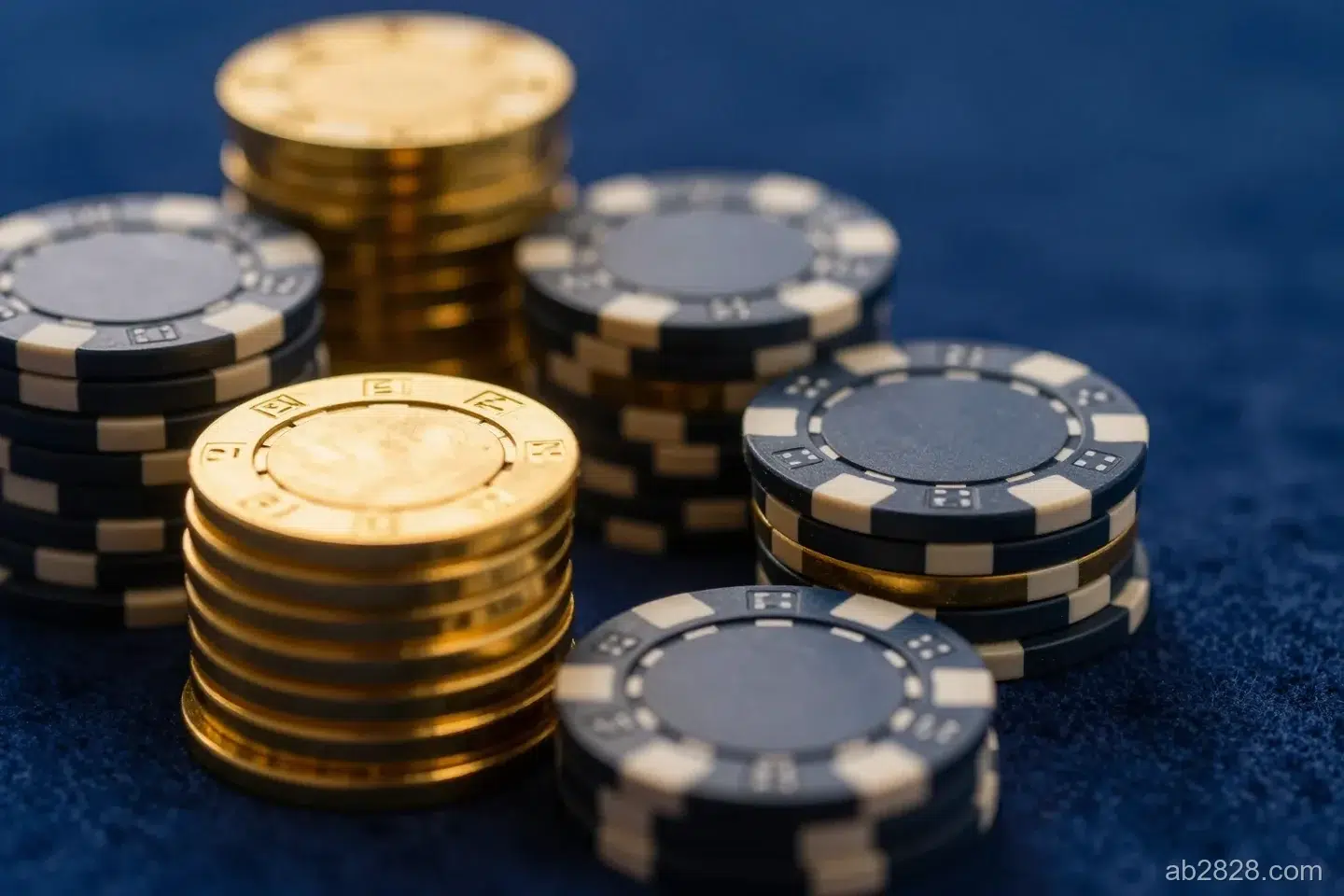 深藍色桌布上一疊疊金色與深藍色籌碼的特寫,暖金色側光打亮籌碼邊緣