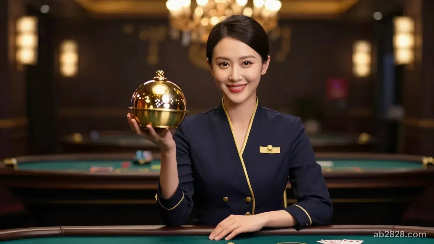 身穿深藍金邊制服的女荷官微笑面對鏡頭,手中舉起黃銅骰寶蓋盅準備開獎
